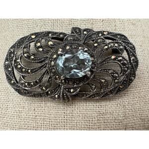 Vintage Ornate Sterling Silver Aquamarine‎ Marcasite Brooch 4.2cm Art Deco